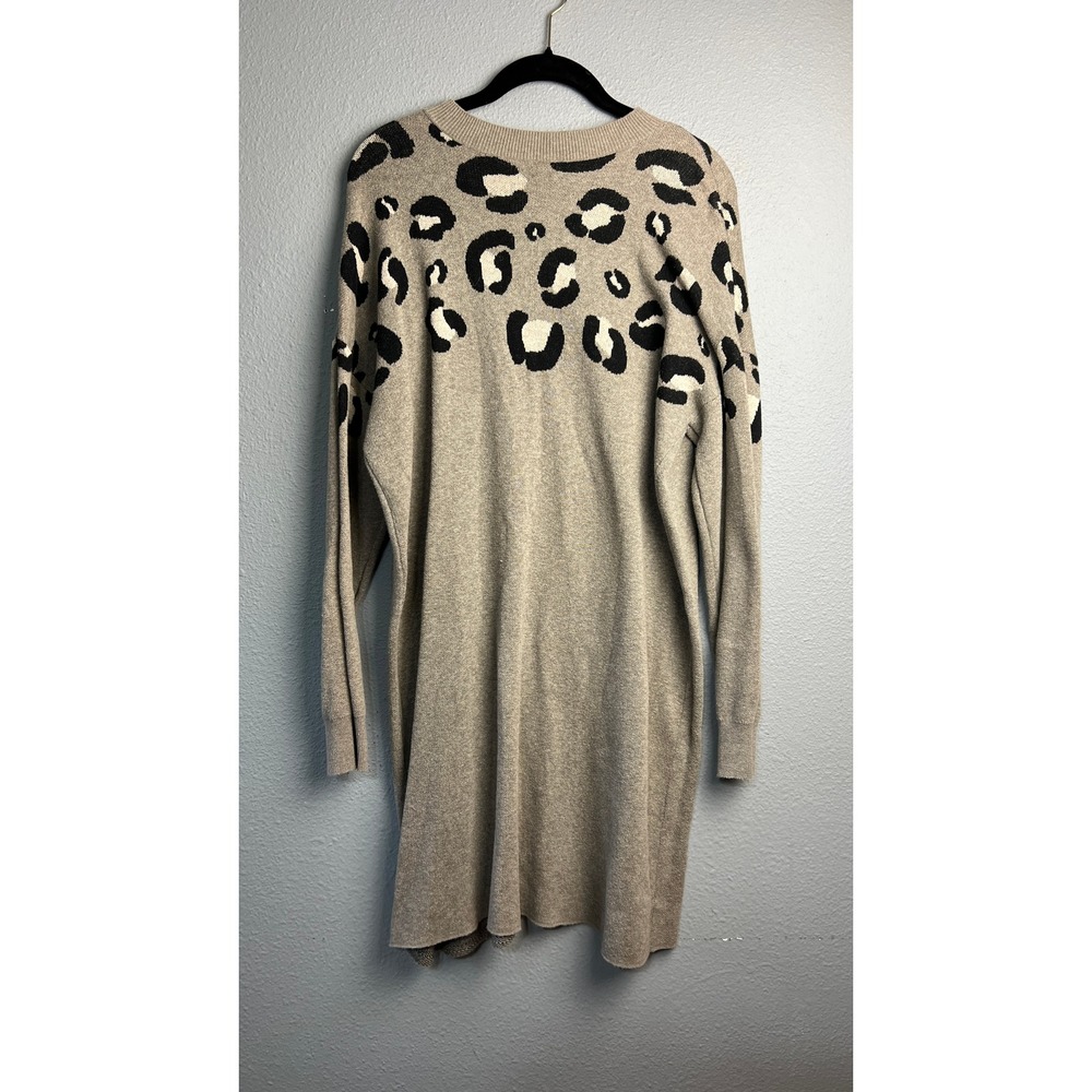 Leopard Print Knit‎ Long Sleeve Sweater Dress Taupe Black Crew Neck Cozy Casual